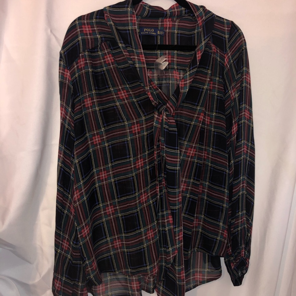 Plaid puffy long sleeve blouse
